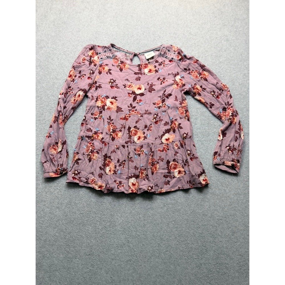 Knox Rose Mauve Floral Tiered Babydoll Top Long Sleeve Crochet Lace Boho Small